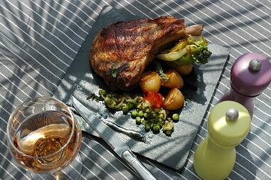 grilled food with wine