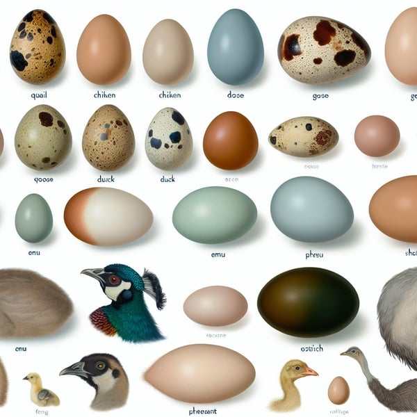 a guide to different types of eggs such as quail, chicken, goose, duck, emu, pheasant and ostrich