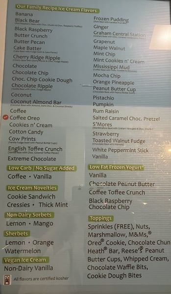Ice cream menu