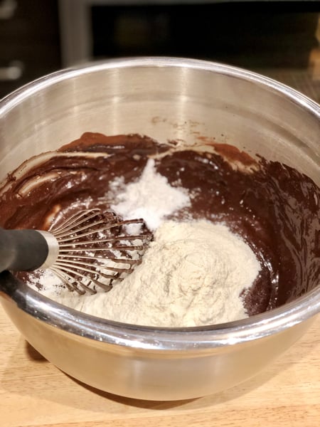 addition of flour, baking powder and baking soda