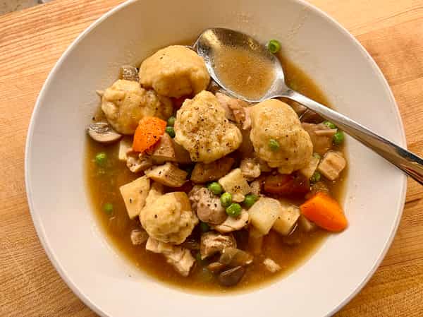 Bowl of chicken and dumplings