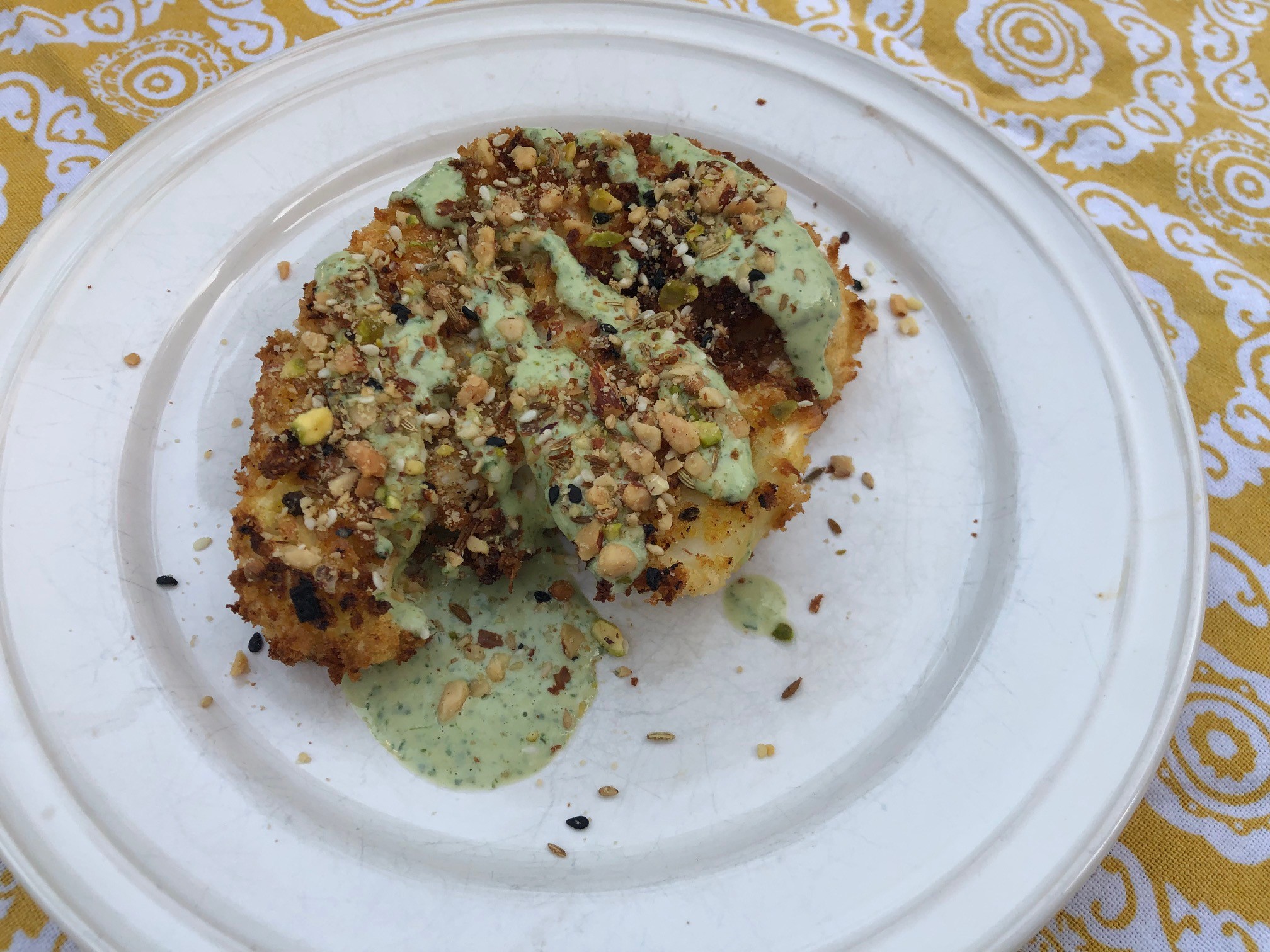 Cauliflower Steak with Green Tahini Sauce and Dukkah