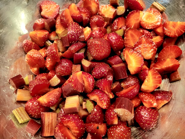 cut strawberries and rhubarb