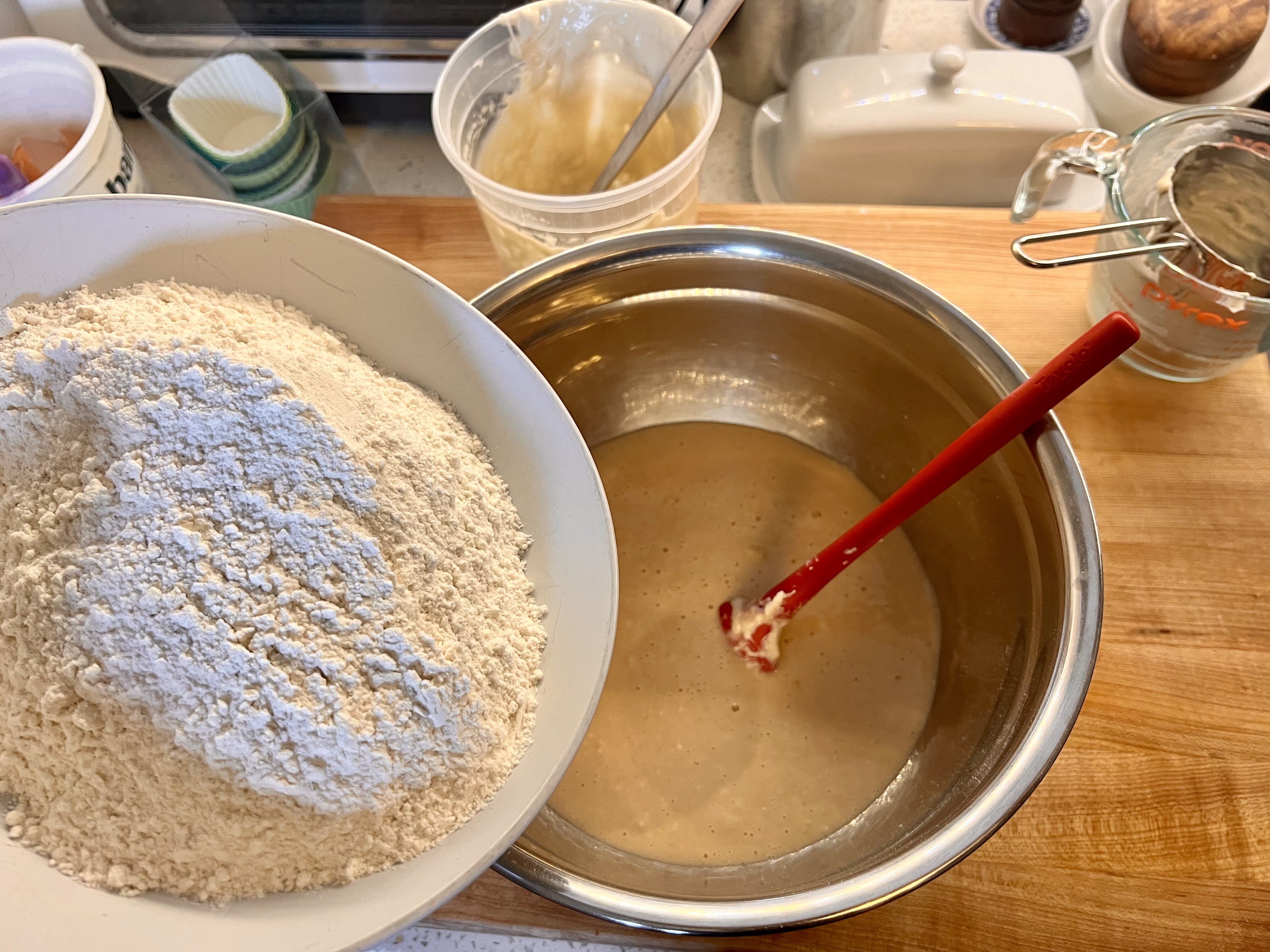 Dry ingredients into wet ingredients