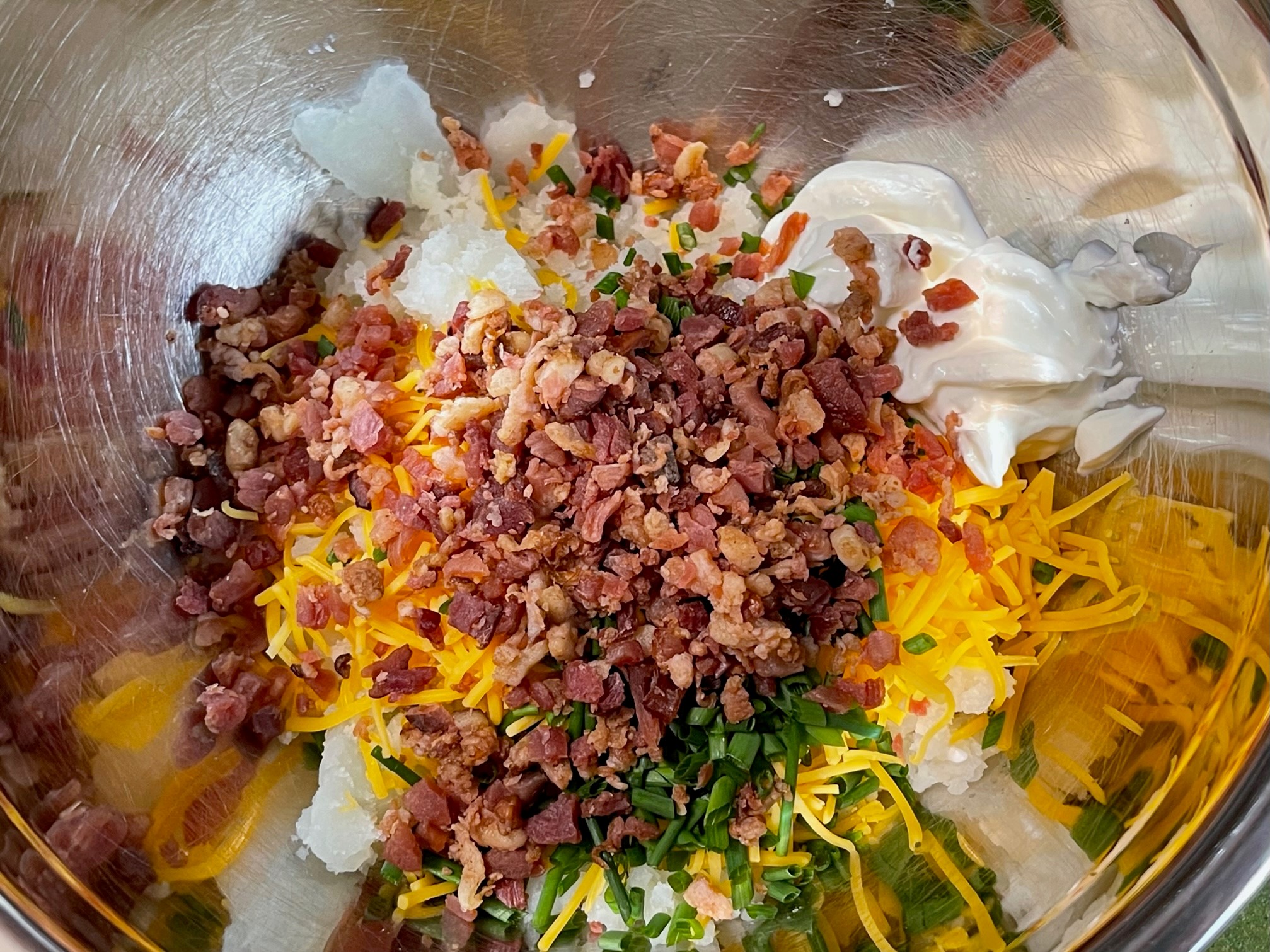 loaded potato ingredients in bowl