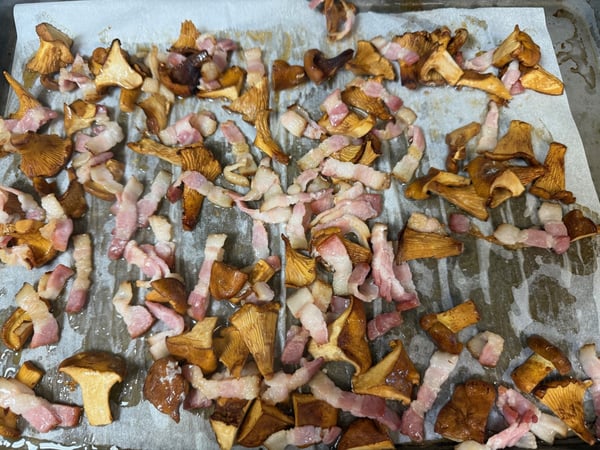 Partially cooked bacon and mushrooms