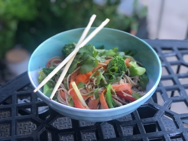 plated soba noodle bowl