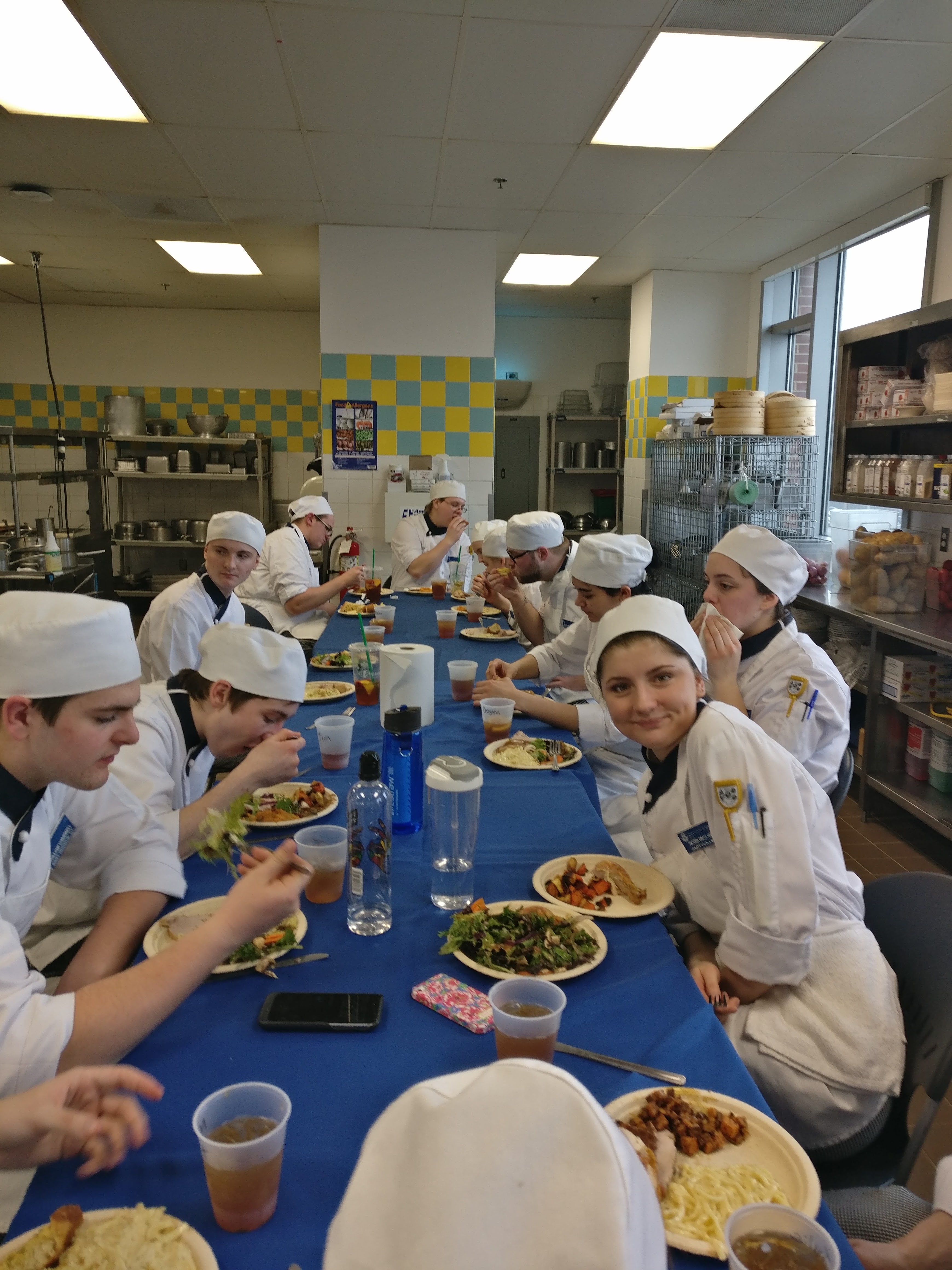 Staff eating meal together