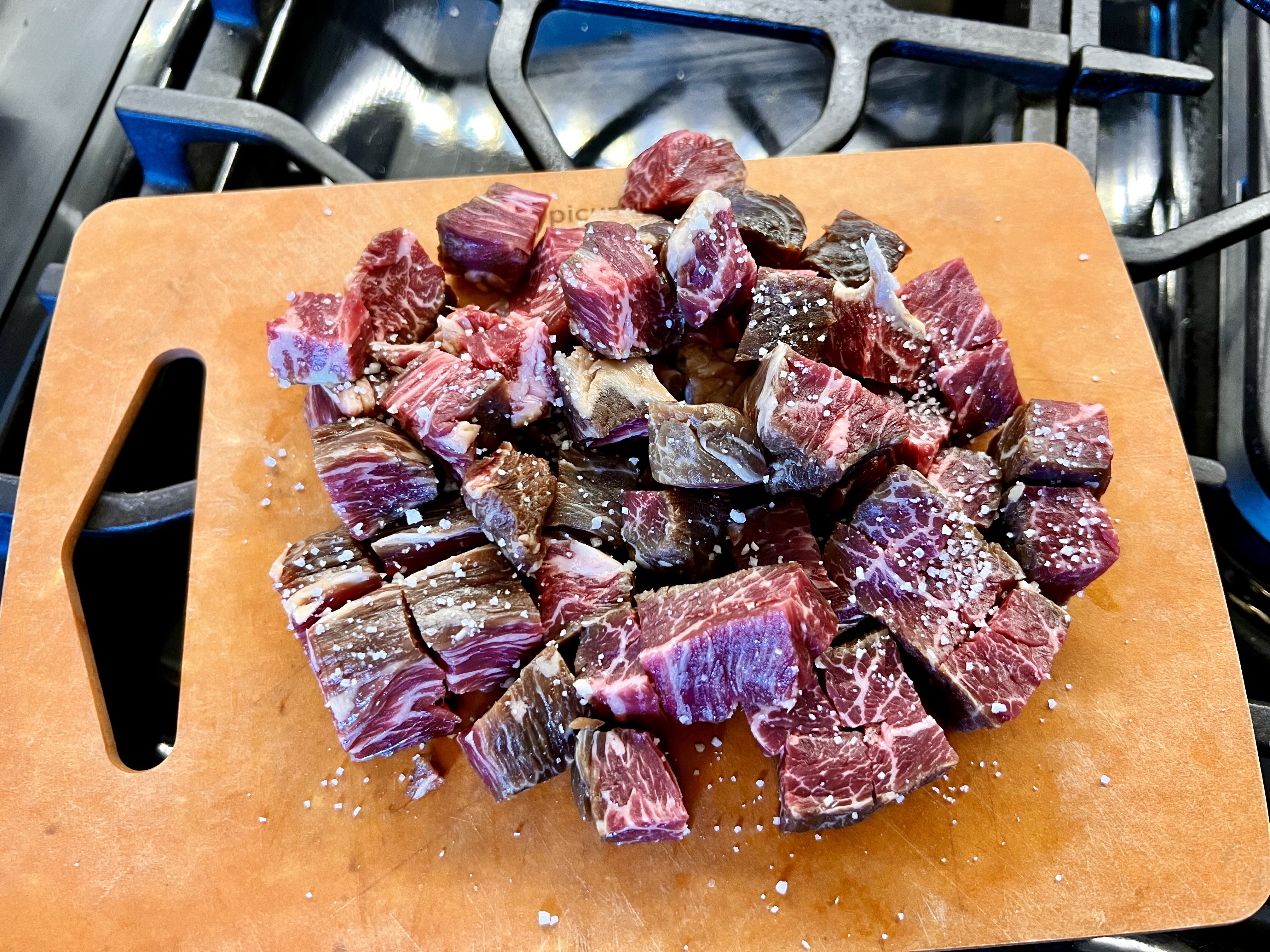 Steak cubed and salted