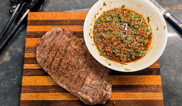 Steak with red chimichurri