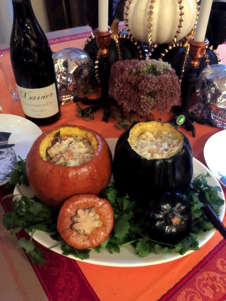 stuffed pumpkins on table