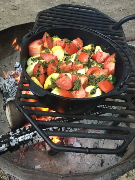 vegetables and pesto on campfire
