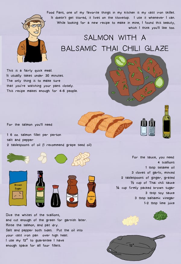 Food Fans, one of my favorite things in my kitchen is my cast iron skillet.  It doesn't get stored, it loves on the stove top.  I use it whenever I can.  While looking for a new recipe to make in mine, I found this beauty, which I think you'll like too. Salmon with a balsamic thai chili glaze This is a fairly quick meal.  It usually takes under 30 minutes.  The only thing is to make sure that you're watching you pans closely.  This recipe makes enough for 4-6 people. For the salmon you'll need: 1 6oz salmon fillet per person salt and pepper 2 tablespoons of oil (I recommend grape seed oil) For the sauce, you need: 4 scallions 1 tbsp sesame oil 3 cloves of garlic, minced 2 tablespoons of ginger, grated ½ a cup of thai chili sauce ¼ cup firmly packed brown sugar 3 tbsp soy sauce 3tbsp balsamic vinegar 1-2 tbsp lime juice Dice the whites of the scallions, and cut enough of the green for garnish later.  Rinse the salmon, and pat dry.  Salt and pepper both sides.  Put the oil into your cast iron pan  over high heat.  I use my 12” to guarantee I have enough space for all four fillets. 