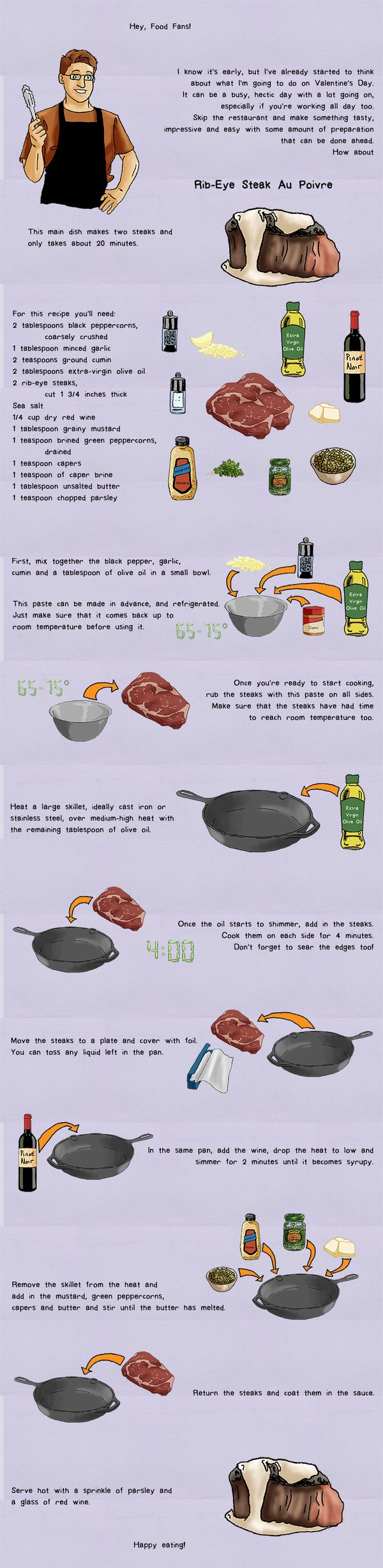Hey, Food Fans! I know it's early, but I've already started to think about what I'm going to do on Valentines Day. It can be a busy, hectic day with a lot going on, especially if you're working all day too. Skip the restaurant and make something tasty, impressive and easy with some amount of preparation that can be done ahead. How about Rib-Eye Steak Au Poivre This main dish makes two steaks and only takes about 20 minutes, all told. For this recipe you'll need: 2 tablespoons black peppercorns, coarsely crushed 1 tablespoon minced garlic 2 teaspoons ground cumin 2 tablespoons extra-virgin olive oil 2 rib-eye steaks, cut 1 3/4 inches thick Sea salt 1/4 cup dry red wine 1 tablespoon grainy mustard 1 teaspoon brined green peppercorns, drained 1 teaspoon capers in 1 teaspoon of their brine 1 tablespoon unsalted butter 1 teaspoon chopped parsley First off, mix together your black pepper, garlic, cumin and a tablespoon of olive oil in a small bowl. This paste can be made in advance, and refrigerated. Just make sure that it comes back up to room temperature before using it. Once you're ready to start cooking, rub the steaks with this paste on all sides. Make sure that your steaks have had time to reach room temperature too. Heat a large skillet, ideally cast iron or stainless steel, over medium-high heat with the remaining tablespoon of olive oil. Once the oil starts to shimmer, add in the steaks. Cook them on each side for 4 minutes. Don't forget to sear the edges too! Move the steaks to a plate and cover with foil. You can toss any liquid left in the pan. In the same pan, add your wine, drop the heat to low and simmer for 2 minutes until it becomes syrupy. Remove the skillet from the heat and add in your mustard, green peppercorns, capers and butter and stir until the butter has melted. Return the steaks and coat them in the sauce. Serve hot with a sprinkle of parsley and a glass of red wine. Happy eating!