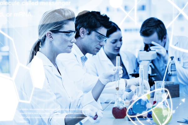 Science graphic against science students in a laboratory