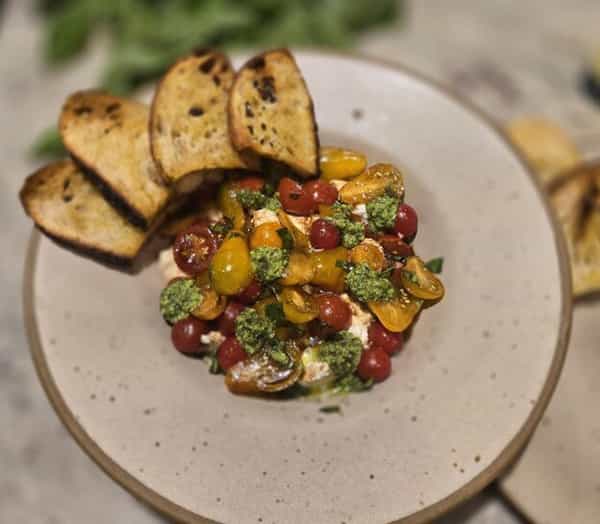 Plated burrata and tomatoes