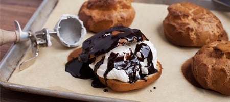Profiteroles with Ice Cream & Chocolate Sauce