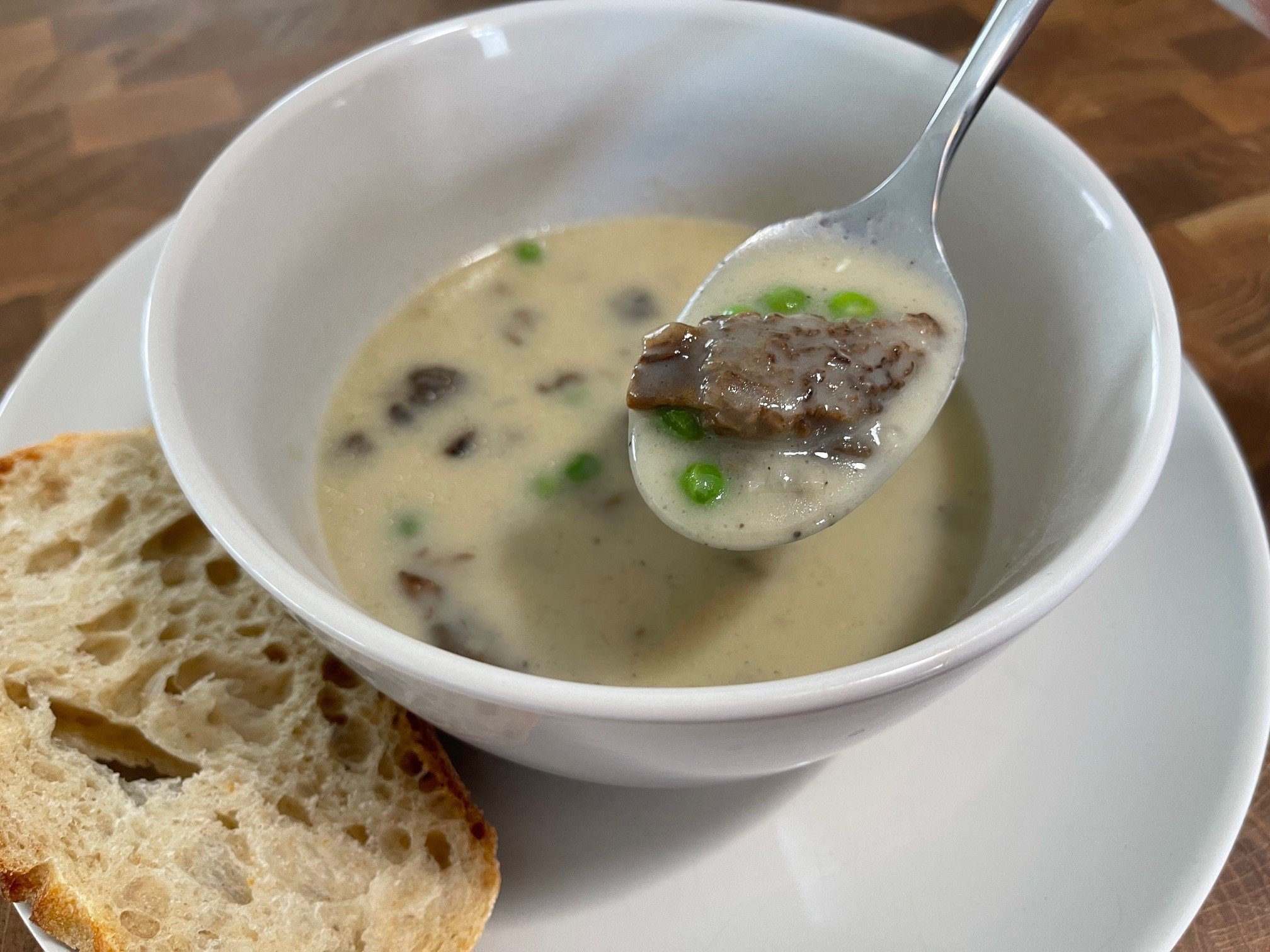 Cream of Morel Mushrooms and Spring Pea Soup