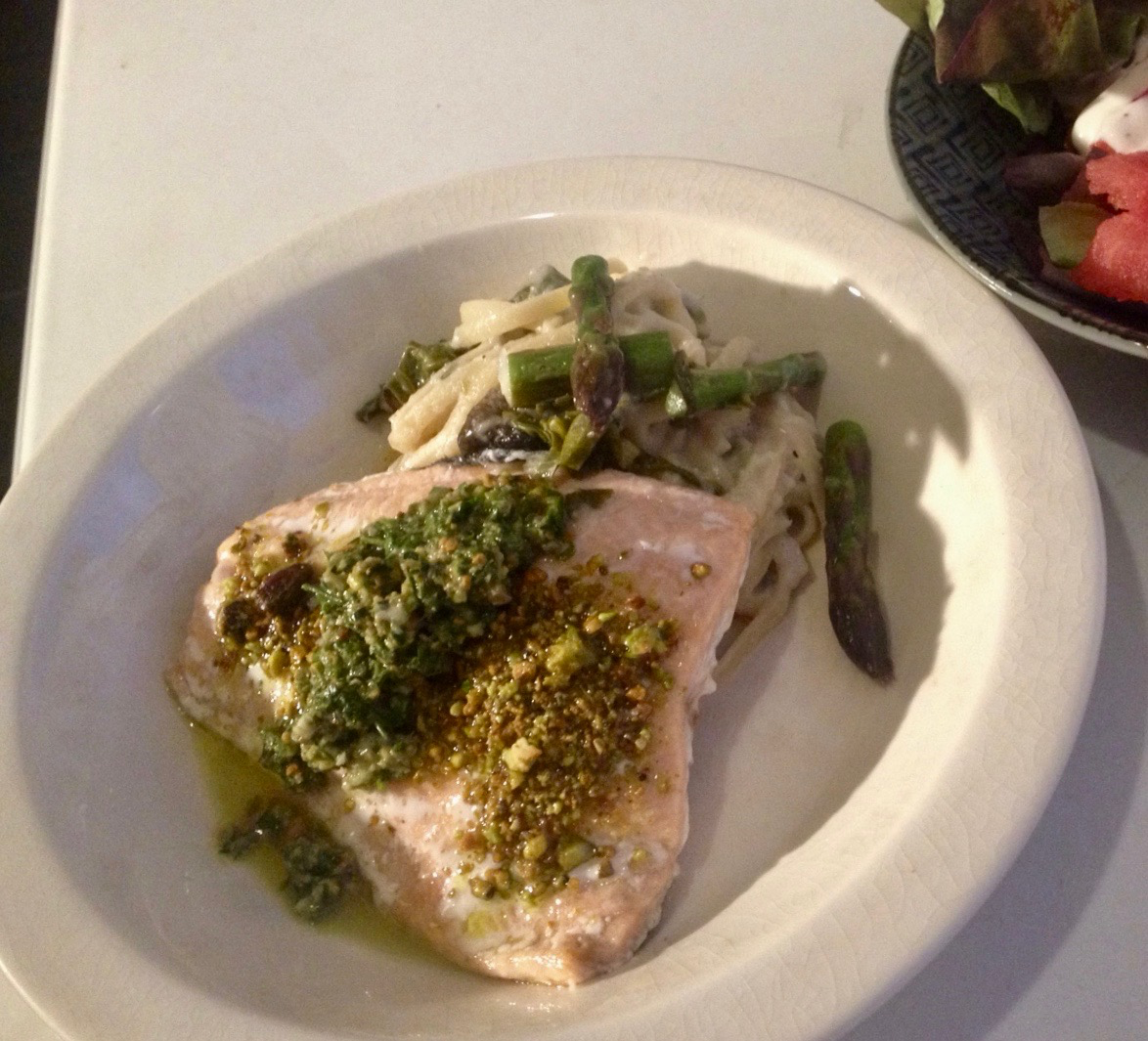 Baked Fish with Almost-Pesto Sauce & Almost-Alfredo