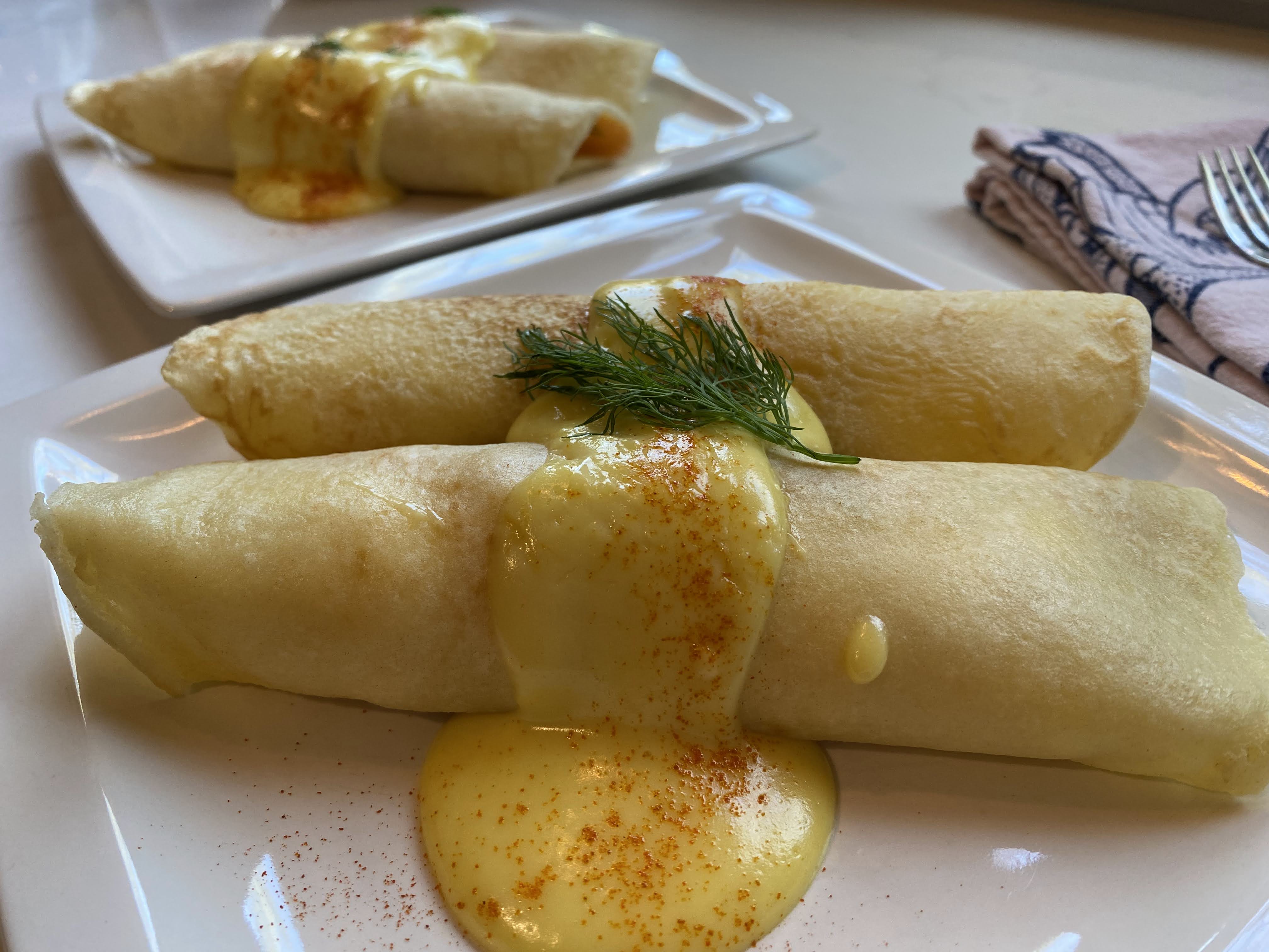 Smoked Salmon, Egg and Feta Crêpes with Hollandaise