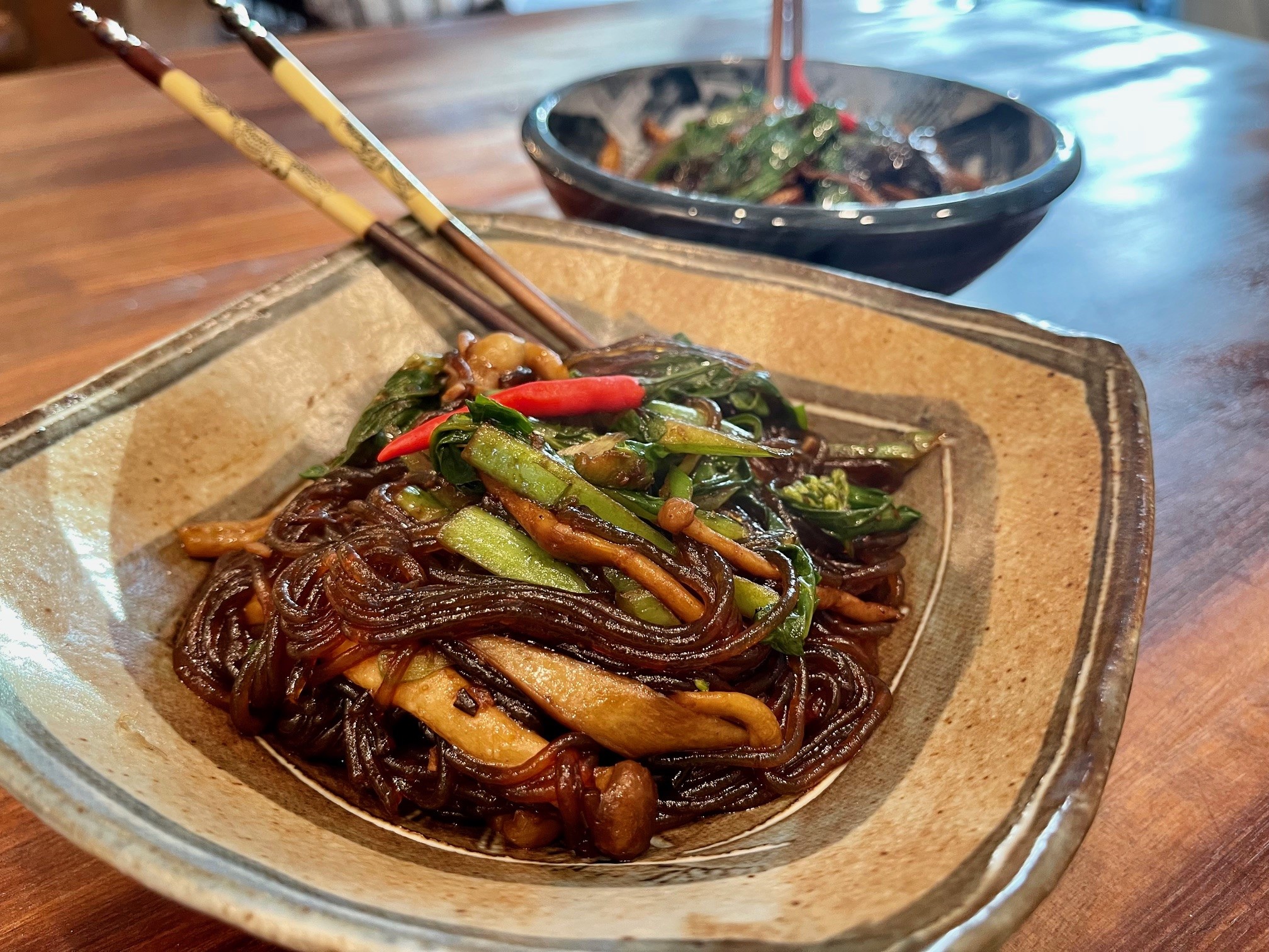 Glass Noodles with Mushrooms and Chinese Broccoli