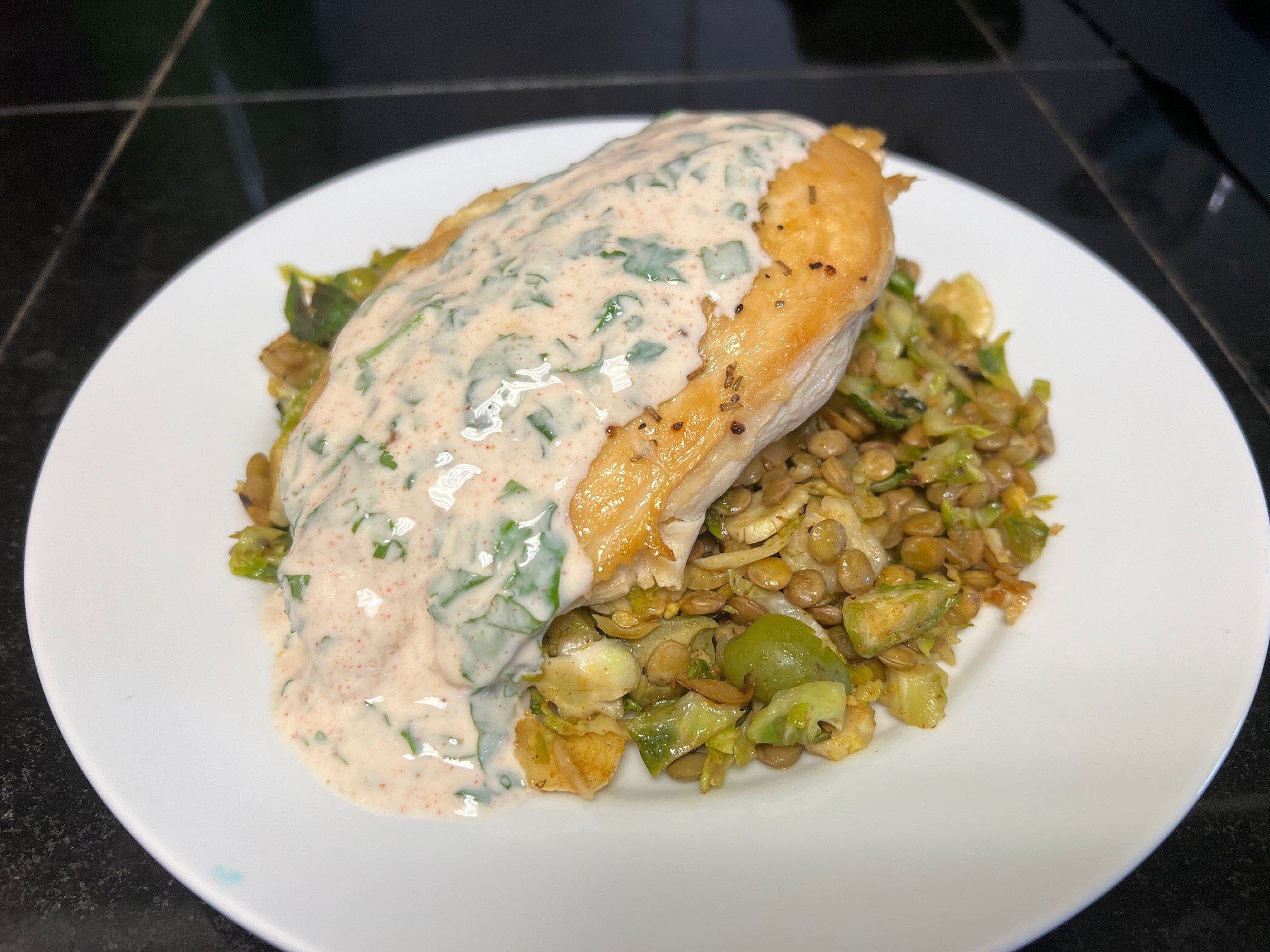 Chicken Breast with Brussels Sprout Lentil Salad and Yogurt Cilantro Dressing